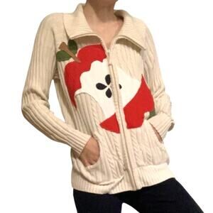 Custom Upcycled Eaten Apple Patchwork Cream Knit Zip Sweater – Large